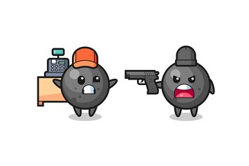 illustration of the cute cannon ball as a cashier is pointed a gun by a robber