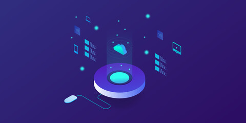 Cloud computing, secure server network connection technology, cloud data storage isometric, futuristic web banner template for project and presentation.