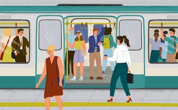 Passengers on crowded platform boarding metro train. People travel by subway train vector illustration. City underground public transport. People watching mobile phone while commute by subway