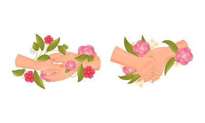 Couple holding hands with pink flowers set vector illustration