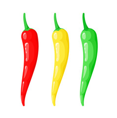 A set of colorful chili peppers on a white background. Cartoon design of vegetables.