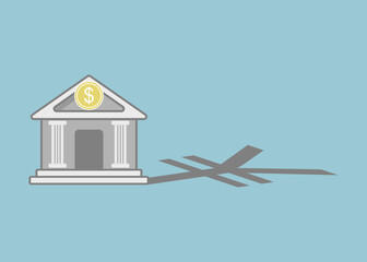 Vector of dollar bank building symbol with yuan shadow. Illustration concept of metaphor us and Chinese currency worth