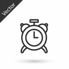 Grey line Alarm clock icon isolated on white background. Wake up, get up concept. Time sign. Vector