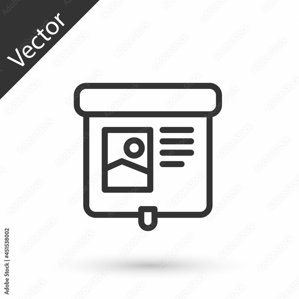Poster grey line projection screen icon isolated on white background. business presentation visual content 