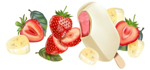 Strawberry splashing isolated with strawberries slice of pieces and Banana popsicle element in the middle on white background. Realistic vector in 3D illustration.