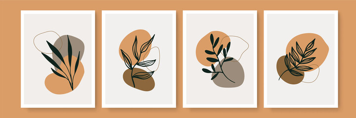 Botanical wall art vector set. boho Foliage line art drawing with abstract shape. Abstract Plant Art design for print, cover, wallpaper, Minimal and natural wall art.