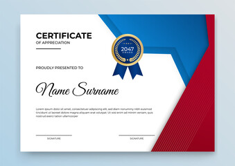 Blue and red certificate of achievement diploma template with gold badge and border. 