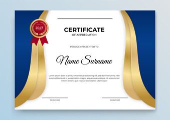 Premium gold and blue certificate of appreciation template, clean modern design with gold badge