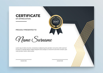 Certificate of appreciation template, gold and Black color. Clean modern certificate with gold badge. Certificate border template with luxury and modern line pattern.