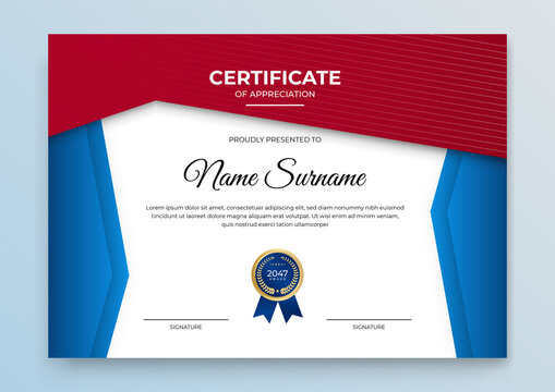 Blue and red certificate of achievement diploma template with gold badge and border. 