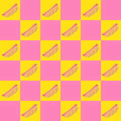 Seamless yellow and pink pattern, cartoon Hot Dog in the checkered pattern. For tablecloth, kitchen decoration, shop, tile pattern, gift wrap, apron. Illustration abstract art background. Vector EPS10