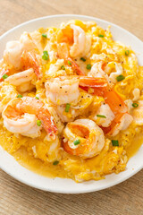 creamy omelet with shrimps or scrambled eggs and shrimps