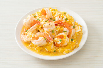 creamy omelet with shrimps or scrambled eggs and shrimps