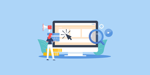 Businesswoman managing pay per click - ppc advertising campaign for online business. Digital marketing strategy for business promotion, online branding. Flat design illustration banner template. 