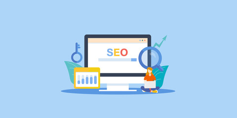 SEO illustration concept. Woman with laptop sitting on ground monitoring seo data report, keyword ranking, analysing digital marketing campaign and market competition. Business technology banner.