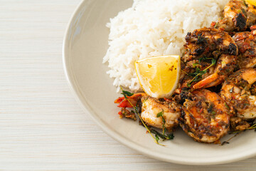 jerk shrimps or grilled shrimps in Jamaica style with rice