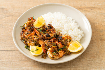 jerk shrimps or grilled shrimps in Jamaica style with rice