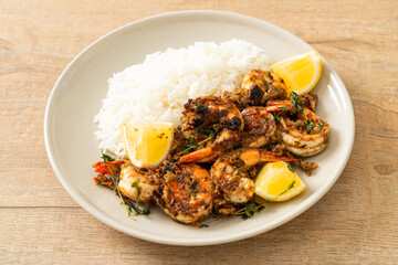 jerk shrimps or grilled shrimps in Jamaica style with rice
