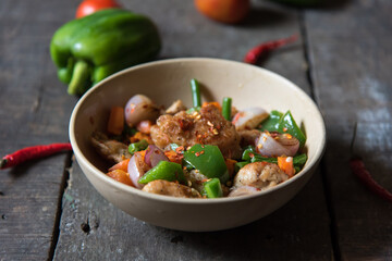 Food photography capsicum and chicken background. Close up, selective focus.