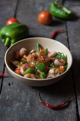 Chicken and vegetables food background. Close up, selective focus.