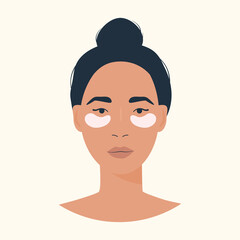 A female character using eye patches. Skin care routine. Facial beauty products for anti-aging. Women taking care of face. Colored vector illustration isolated on white background.