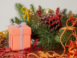 Happy New Year Greeting Card 2022, Christmas tree, golden numbers 2022 and golden sparkling dust