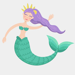 cute little mermaid with purple hair on a white background