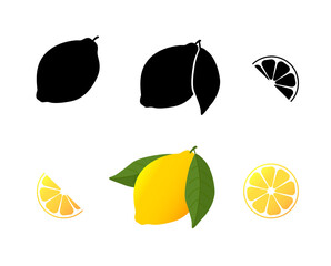 yellow Lemon half and slice. Set icon Lemon ripe clolor and black.