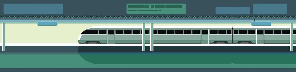 High-speed train at the metro station. Suburban and urban underground transport. Green. Railway with a locomotive. Illustration. Flat style design. Vector