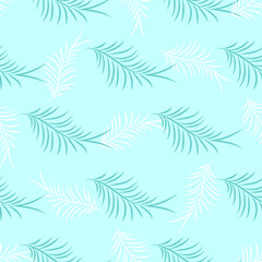 White and blue palm leaves on a blue background. Exotic tropical botanic seamless pattern. Illustration