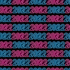 2022 New Year seamless pattern with neon pink and blue figures 2022 on black background. Happy winter holidays, celebrating concept. Night signboard style. Vector 10 EPS illustration.