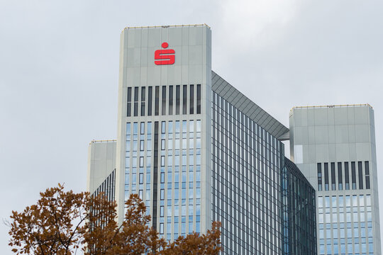 Frankfurt, Hesse / Germany - Nov 21, 2019: View on top of the Trianon Skyscraper with Sparkasse sign / logo.