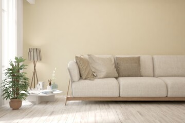 Soft color living room with sofa. Scandinavian interior design. 3D illustration