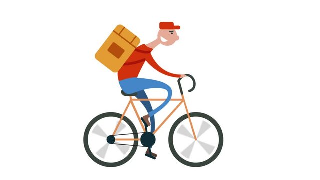 Courier bicycle delivery man with parcel box on back. Ecological city bike delivering logistic service. Food delivery boy. Available in 4K video render footage.