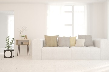 White living room with sofa. Scandinavian interior design. 3D illustration