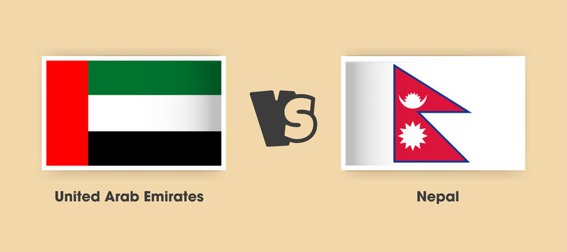 United Arab Emirates vs Nepal flags placed side by side. Creative stylish national flags of UAE and Nepal with background