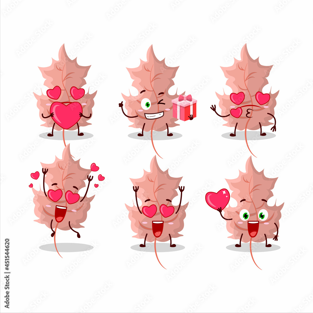 Sticker Oak pink leaf cartoon character with love cute emoticon