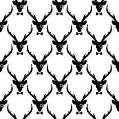 black deer heads with antlers, gentleman bow tie and lorgnette seamless pattern.