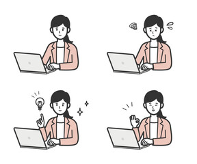 パソコン　女性　表情セット　悩む　ひらめく