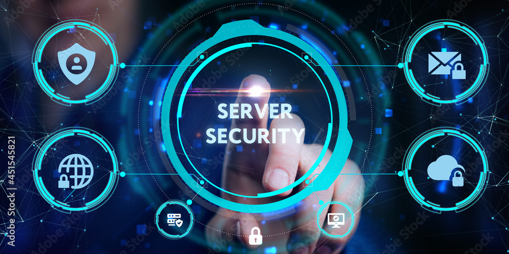 Poster cyber security data protection business technology privacy concept. young businessman select the ico