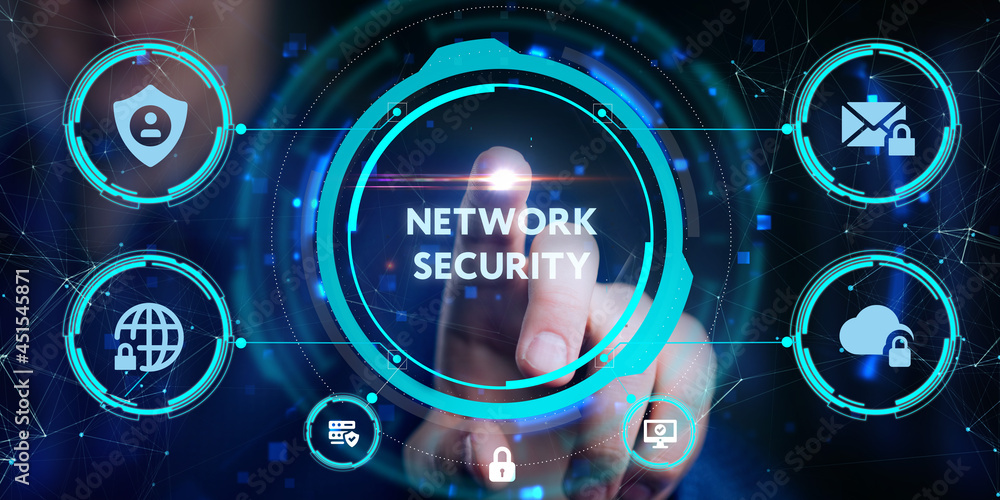 Poster cyber security data protection business technology privacy concept. young businessman select the ico