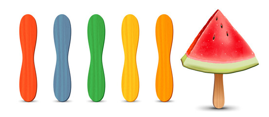 Set of realistic popsicle sticks. Watermelon piece on popsicle stick. Vector illustration, summer season.