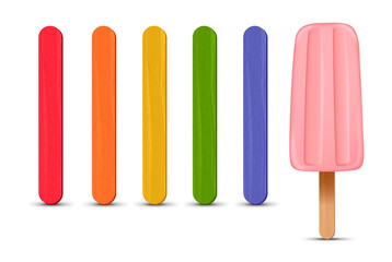 Fototapeta premium Set of realistic popsicle sticks. Pink strawberry ice cream 3D. Vector illustration, summer season.
