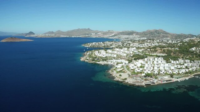Amazing panoramic aerial 4k view from drone of beautiful bay of Bitez and Bodrum city in Bodrum on a bright and sunny day in Mugla province in Turkey