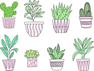 Hand drawn doodle. Houseplants collection. Vector interior plants in pots. Vector illustration set