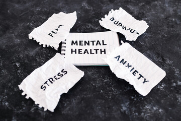 Mental health text on notepad surrounded by Fear Anxiety Stress and Burnout words on scrunched up...