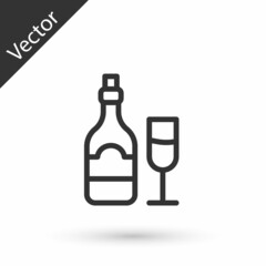 Grey line Champagne bottle with glass icon isolated on white background. Vector