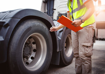 Fototapeta premium Auto Mechanic Driver Holding Clipboard is Checking A Truck Wheels and Tires. Inspection Maintenance and Safety Truck Driving.