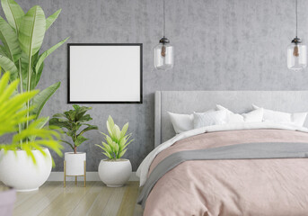 3D Modern interior of bedroom with mockup photo frame