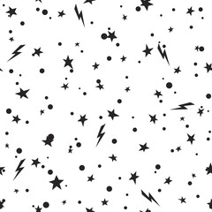 Seamless fairytale pattern with lightning, dots and shabby stars on white background.